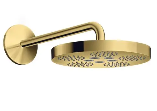 Kopfdusche mit Wandarm in polierter Goldoptik, ausgestattet mit mehreren Düsen, von der Marke AXOR.